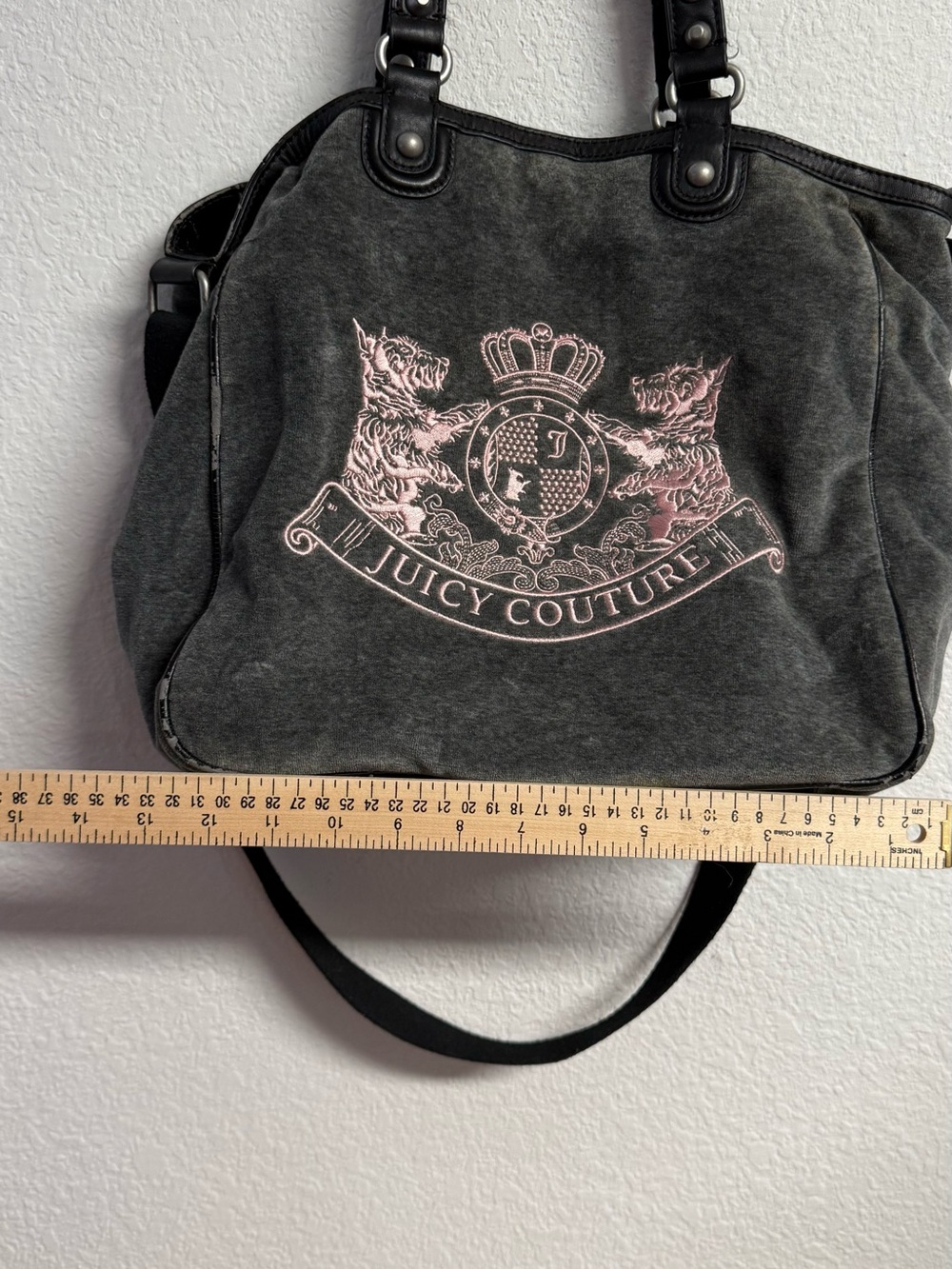 Juicy Couture Gray Denim Shoulder Bag with Pink Crest Embroidery - Picture 13 of 14